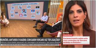 Mulher fala em telejornal sobre conexões de Daniel Vorcaro, com esquema de ligações exibido ao fundo.