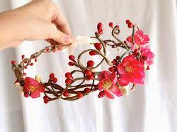 Red Pink Cherry Blossom Hair Circlet Galway Girl Flower Girl Accessory Bridal Head Wr Flower Girl Accessories Flower Headpiece Wedding Flower Headpiece