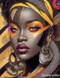 Stunning graphic art with mocha-skinned woman and colorful paint splashes