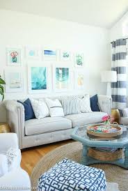 Small Beach Cottage Style Living Room Idea With Ocean Theme Gallery Wall Above Sofa Beachdecor Living Room Makeover Coastal Living Rooms Blue Living Room
