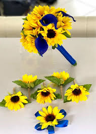 Faux wedding bouquets in navy blue flowers and eucalyptus greenery. 8 Sunflower Bridal Bouquet Sunflower And Calla Lily Etsy Sunflower Bridal Bouquet Inexpensive Wedding Flowers Bridal Sunflowers