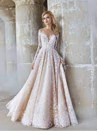 Ball Gown Off Shoulder Long Sleeves Floor Length Champagne Tulle Wedding Dress With Applique Wedding Dress Long Sleeve Tulle Wedding Dress A Line Wedding Dress