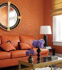 Orange accent wall living room. Thibaut Filigree Greenbriar Living Room Orange Interior Design Orange Rooms