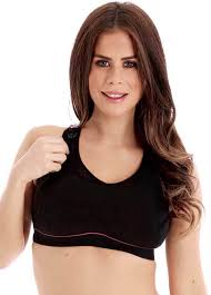 Lined cups with opening and space for nursing pads. Maternity Nursing Sports Bra In Black By La Leche League
