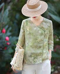 2020夏款印花文艺复古中国风偏襟天丝亚麻盘扣宽松上衣衬衫民族风 阿里巴巴 lace top women fashion