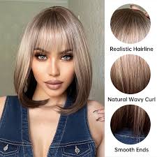 ALAN EATON Ombre Blonde Brown Straight Bob Wig Short Synthetic Wigs with  Bangs Natural Daily Fake Hair for Women Heat Resistant