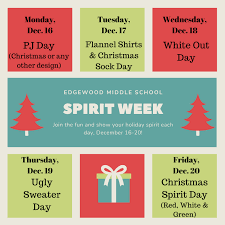 Is the christmas spirit found in gifts, trees, and lights? Holiday Spirit Week Planned For December 16 20 Edgewood Middle School