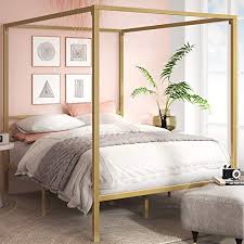 Champagne gold finish metal canopy bed with upholstered headboard insert upholstery options include white linen, dark grey linen, or black bonded leather mattress and box spring are required for use, but not included full bed measures 58.5 w x 81 d x 83 h queen bed measures 64.5 w x. Twin Canopy Beds Single Canopy Beds For Kids