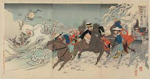 Watanabe Nobukazu: Cavalry Scouts in Desperate Fighting Near Jinzhou-fu  (Kinshûfu hômen sekkô kihei funsen no zu) - Museum of Fine Arts - Ukiyo-e  Search