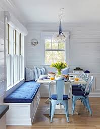 Bungalow Dining Space With White Trestle Dining Table And Blue Metal Dining Chairs Dining Room Small White Dining Room Farmhouse Dining