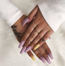 These nails go perfectly matched with your sundress. Coffin Shale Nails Purple And Yellow Image 6246176 On Favim Com