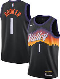 The icon alt edition, nah too bright, looks like they playing for the arpaio correctional facility. Phoenix Suns 1 Devin Booker 2021 City Jersey Black Jersey Hierarchy