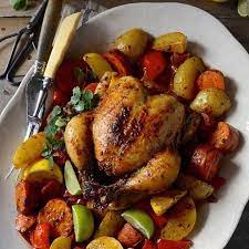 Spanish Roast Chicken And Vegetable Bake Recipe Chicken And Vegetable Bake Baked Vegetables Vegetable Bake Recipes