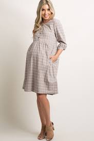 Taupe Plaid Print Button Babydoll Maternity Dress Maternity Dress Pattern Womens Maternity Clothing Maternity Dresses Summer