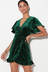 West Village Dark Green Velvet Wrap Dress Velvet Dress Short Velvet Clothes Velvet Wrap Dress