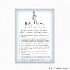 Carefully read the instructions about saving the blue rhymes cards and save pink or green cards the same way. Baby Shower Game Peter Rabbit Baby Shower Pass The Parcel Rhyme Left And Right Game Printable Baby Shower Pass The Prize Game Rabbit Baby Shower Baby Shower Printables Baby Shower
