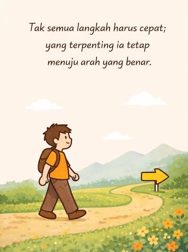 Hidup bukan perlombaan kecepatan, melainkan perjalanan arah. Setiap orang  memiliki ritme dan tantangannya sendiri. Langkah yang lambat tidak berarti  salah selama tetap konsisten dan sadar akan tujuan. Dengan menjaga arah  yang benar,