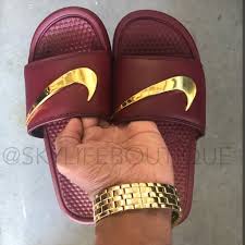 Black And Gold Nike Slides Womens Nike Benassi Burgundy Golden Check Slides Pre Order Sneakers Men Fashion Latest Nike Shoes Gold Nike Slides