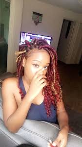 Black And Burgundy Bohemian Box Braids Bohemian Burgundy Red And Blonde Faux Locs Faux Locs Goddess Faux Locs Hairstyles Red Faux Locs