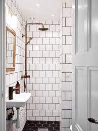 Bathroom White Square Tiles Black Grout Brass Details Bathroom Inspiration Bathroom Design White Square Tiles