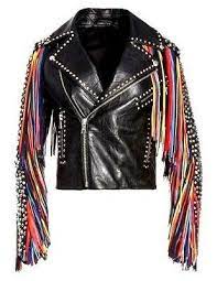 New Black Color Genuine Leather Multi Color Fringes Silver Studded Biker Jacket Slim Colorful Leather Jacket New Black Color Leather Jacket Rock