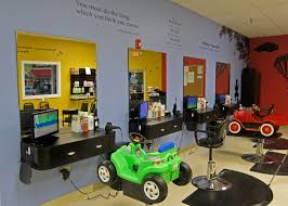 Children Can Choose Between A Fun Car Or Fire Truck Or Our New Kid Size Salon Chairs The Green Car Works Perfectly Kids Salon Kids Hair Salon Kids Barber Shop