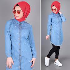 Elfida Tesettur Inci Detayli Kot Tunik Modelleri Moda Tesettur Giyim Tunik Kotlar Moda