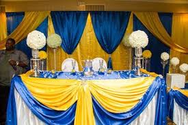 Head Table For A Brampton Wedding Royal Blue And Daffodil Yellow With Kissing Balls And Crysta Summer Wedding Colors Wedding Themes Summer Blue Yellow Weddings
