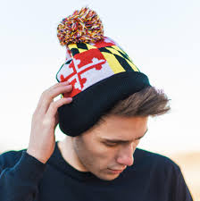Black Full Maryland Flag Knit Pompom Beanie Cap