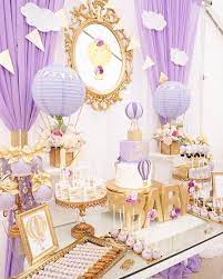 For a chic barbie themed baby shower, stick with hot barbie pink, black and white to decorate your shower venue. Purple Gold Hot Air Balloon Baby Shower Kara S Party Ideas Baby Shower Balloons Baby Shower Purple Girl Baby Shower Decorations