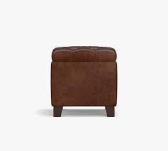 Wood, steel, solid wood, leather. Lorraine Tufted Leather Storage Cube Pottery Barn