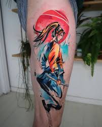 Watercolor style Samurai tattoo located on the thigh.