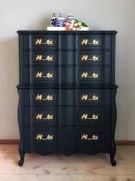 Stunning Tall French Provincial Chest On Chest Dresser Vintage Antique Black Gold Hand Painted Black Painted Furniture Black Furniture Painted Furniture