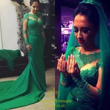 Dark green sparkling long sleeves ball gowns wedding dresses. Emerald Green Sheer Long Sleeve Lace Wedding Dress With Train Vampal Dresses