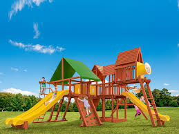 Some childrens playhouse with slide designs use a climbing wall as a means of accessing the play deck. Meublea Custom Outoor Wooden Playsets With Swingsets And Or Slides