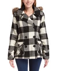 Urban Republic Black White Plaid Faux Fur Hooded Peacoat