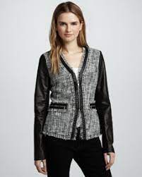 Rebecca Taylor Leather Sleeve Tweed Jacket Leather Sleeve Jackets Tweed Jacket