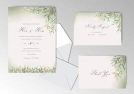 Elegant Watercolor Wedding Invitation Cards Set Template With Beautiful Leaves Wedding Invitation Cards Watercolor Wedding Invitations Watercolor Wedding
