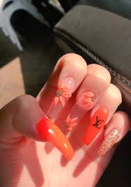 Seamless pattern set with nail polish. Clear Acrylics Long Nails Bright Acrylics And Orange Image 6631919 On Favim Com