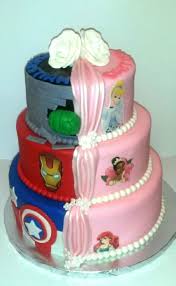 Split Birthday Cake For Brother And Sister Split Decision Avenger Princess Cake Joint Birthday Parties Half Birthday Cakes Sibling Birthday Parties