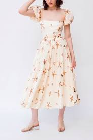 A Perfect Combination Of Fun And Flirty Dress With Star Embellishments All Over Hand Wash In Cold W Cream Midi Dress Casual Dress Outfits Vintage Midi Dresses