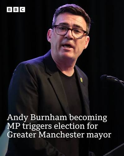 Andy Burnham's return to parliamentary politics has automatically triggered  an election to find a new mayor for Greater Manchester. Read more:  https://bbc.in/4acYFjj