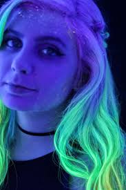gorgeous blacklight photo taken by Lauren limon of my new Kenra neon hair  contest entry! not quite glow in the dark but very UV reactive hair.  rainbow ombre neon hair <3
