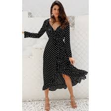 Connect The Dots Black Polka Dot Pattern Long Sleeve Ruffle Cross Wrap 60 Liked On Pol Polka Dot Maxi Dresses Spring Dresses Casual Vacation Maxi Dress