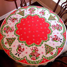 Vintage Christmas Tablecloth Round 62 Inch With Santa Trees And Bells Chr 111 Removed Vintage Christmas Christmas Table Cloth Vintage Christmas Decorations