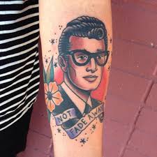 American Traditional Style Portrait Of Buddy Holly I Made Michaelwilliamstattoos Com Traditional Tattoo Portrait Tattoos Holy Tattoos