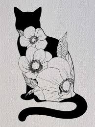 Cat And Flowers Illustration Print Digital Art Digital Drawing Art Print Cat Kitty Cat Drawing Floral Flowers Wall Art Illustration Art Drawing Cats Art Drawing Posters Art Prints