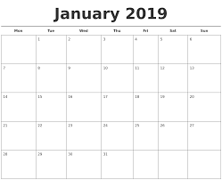 January Month Calendar 2019 Printable Template Excel Calendar Template Monthly Calendar Template Free Printable Calendar Templates