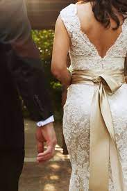 Lace Wedding Dress With Champagne Sash I M Pretty Sure I Ve Pinned This Same Dress Just I Trumpet Wedding Dress Lace Wedding Dresses Lace Casual Wedding Dress