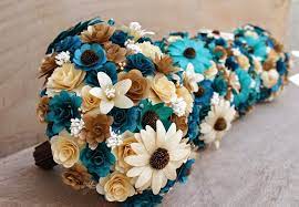 Ivory cream tulips real touch flowers diy silk bridal bouquets wedding centerpieces flowers wedding bouquets. Teal And Copper Wedding Bouquets Corsages And Boutonnieres Made Of Wooden Flowers Reduce Reu Teal And Copper Wedding Copper Wedding Copper Wedding Bouquet